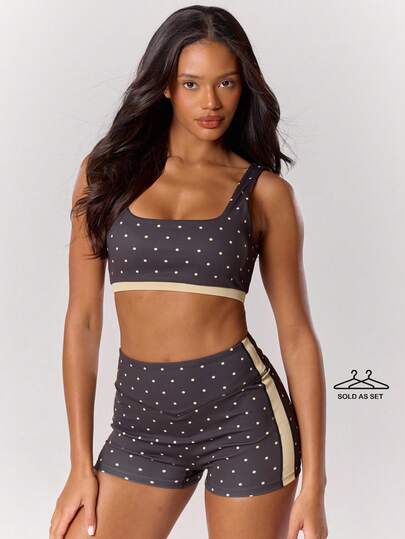 Musera Sport Polka Dot Low Back Sports Bra And Active Shorts Set Sport Workout Gym Pilates Fitness Daily Casual Banana Pudding