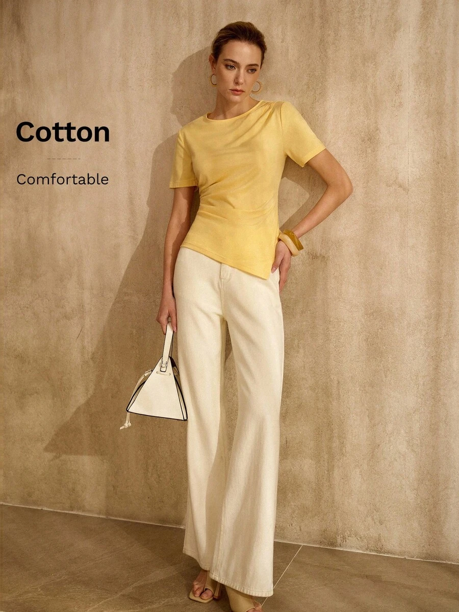 MOTF PREMIUM COTTON ASYMMETRIC HEM RUCHED BOAT NECK SHORT SLEEVE T-SHIRT, SPRING/SUMMER - Light Yellow - View 1