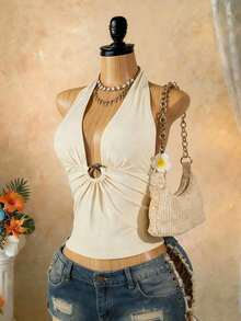 SaltGleam SaltGleam Áo hai dây gợi cảm hở lưng cổ yếm khóa kim loại - Vàng nhạt - Xem 7