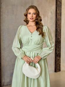 Roveilla Große Größen V-Ausschnitt Blütenärmel strukturierte geraffte Taille Midi Kleid Salbeigrün, Herbst, elegant, Hochzeitsgast französischer Stil Leinen Seidenkleid für Frauen Hochzeit - Minzgrün - Übersicht 3