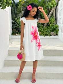 SHEIN Teen Girls Dresses Cute Flower Print Ruffle Hem Loose A-Line Casual Vacation Home Outdoor Back To School Dress, Spring/Summer - White - View 4