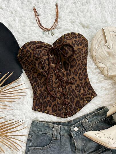 Soleia Tenue de vacances décontractée pour femmes, convenant pour un mariage sur la plage, un brunch de remise des diplômes. Adapté pour la Saint-Patrick, le printemps, Pâques, les festivals de musique. Top court élégant et bohème tropical sans bretelles et dos nu avec imprimé léopard et liens