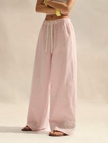 Easelle Quần ống đứng kẻ sọc dáng casual đa năng dành cho nữ, có dây rút ở eo và túi, thích hợp mặc hàng ngày. - Hồng - Xem 5