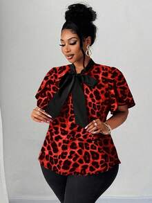 Maweii Plus Size Women's Elegant Romantic Heart Print Blouse With Bow Collar, Ruffle Trim And Contrast Color Design, New Spring/Summer - Multicolor - View 3