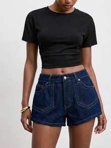 ATUI Studio 女士休闲简约斜插口袋明线中腰牛仔短裤，夏季 - 藍色 - 查看 5