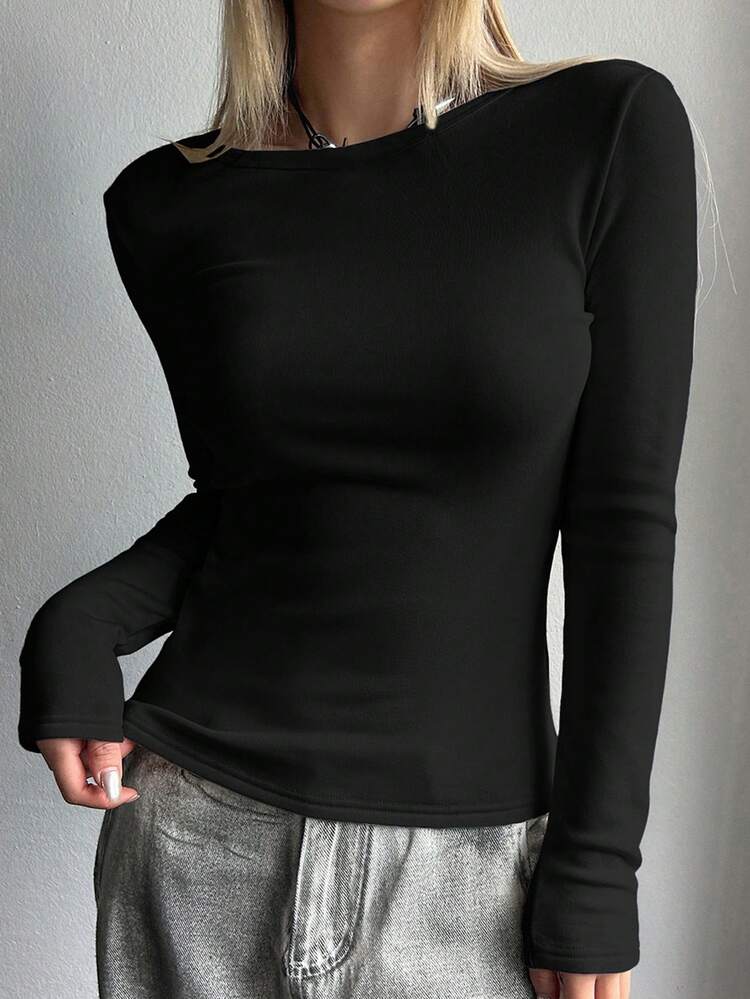 Women's Tight Crew Neck Long Sleeve Casual Solid Color T-Shirt
