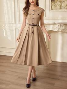 Vintamour Vintage klassisch elegantes Damenkleid, Frühling/Sommer tailliertes Raglanärmel Kleid, Jumpsuit Kleid mit Tasche, Knopfkleid, Khakikleid - Khaki - Übersicht 6