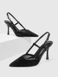 CUCCOO SZL Women's Pointed Toe High Heel Black Mesh Rhinestone Embellished Fashionable Sexy Glamorous Party Occasion Stilettos With Ankle Strap Spring Shoes - Black burst - View 3