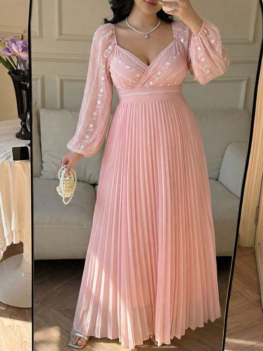 Vionelle Váy xếp ly tay bồng thêu hoa 3D, cổ bẻ, màu tương phản, phong cách cung điện công chúa thanh lịch, dài chấm đất, cỡ lớn dành cho nữ - Hồng - Xem 1