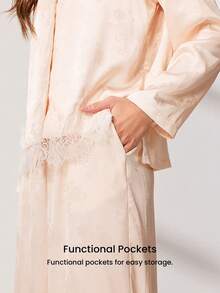 LUVLETTE 四季皆宜的香槟色缎面睡衣套装 - 长袖上衣和蕾丝边阔腿裤 - 杏色 - 查看 5