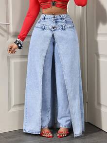 Slaydiva 女士时尚休闲牛仔裤，双腰带口袋和纽扣设计 - 藍色 - 查看 4