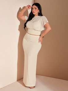 SHEIN BAE 大码女式网纱花瓣袖二合一上衣和修身长裙套装 - 米色 - 查看 3