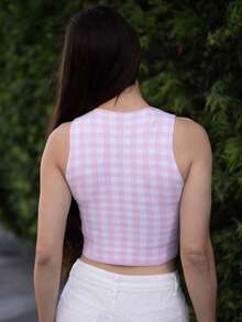 Andrea Bello 女式休闲 Y2K 格子印花蝴蝶结针织毛衣 - 粉色 - 查看 2