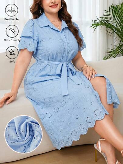 SHEIN Clasi Vestido Casual de Manga Curta com Colarinho Elegante Bordado e Cintura Amarrada, Azul, Plus Size
