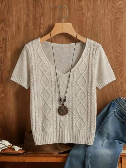 Franclia Women's Spring/Summer Simple Everyday Apricot Twisted Rope V-Neck Short Sleeve Casual Versatile Solid Color Cable Knit Slim Fit Pullover Top, Suitable For Summer Holiday Outfits, Summer Tops, Women's Beach Outfits, Women's Casual Tops, Women's Casual Outfitsfashionable Casual Commuter Wear, Business Office Wear, Versatile And Stylish Everyday Casual Wear, Urban Teacher's Professional Attire