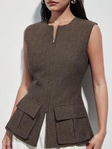 Aveloria Modichic Fashionable Design Sense Versatile Commute Casual Utility Pocket Round Neck Zipper Design Sleeveless Women Blazer - Multicolor - View 3