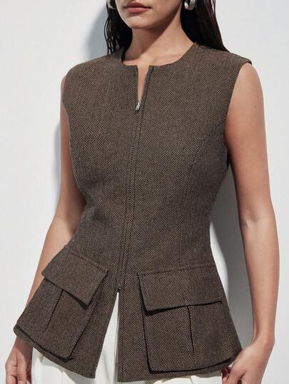 Aveloria Modichic Fashionable Design Sense Versatile Commute Casual Utility Pocket Round Neck Zipper Design Sleeveless Women Blazer