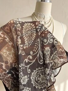 Attitoon 女士复古佩斯利印花撞色拼接不对称下摆可爱性感上衣 - 摩卡棕 - 查看 8