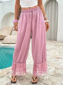 Sunnyshic 女士抽绳腰带蕾丝拼接休闲百搭日常裤 - 粉色 - 查看 5