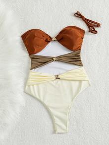 Swim Chiccia Áo tắm liền thân dáng spaghetti khoét lỗ, tôn dáng, thích hợp cho nữ mùa xuân/hè, đi biển và lễ hội âm nhạc. - Nhiều màu - Xem 6