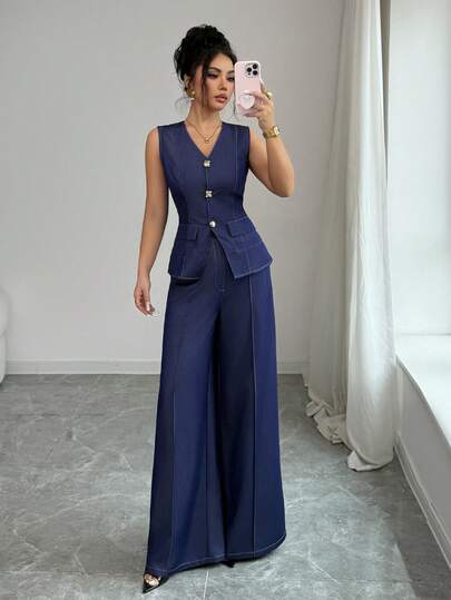 Elenzga 两件套女士纯色纽扣V领无袖背心和带口袋休闲裤，适合毕业典礼、假日、度假等场合。