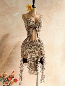 Soleia 女士豹纹扭结设计开衩吊带背心和不对称下摆迷你裙两件套 - 彩色 - 查看 4