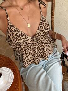 Serisse Women's Vacation Leopard Print Patchwork Ruffle Trim Camisole - Multicolor - View 3