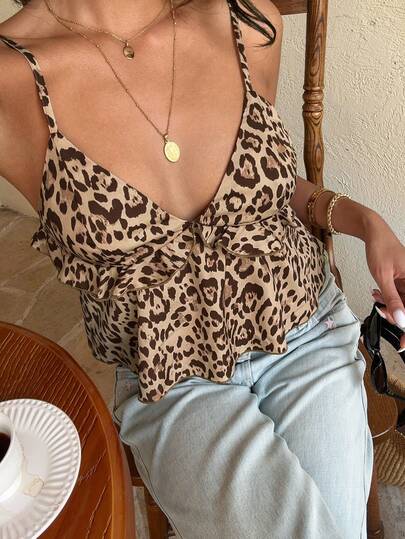 Serisse Women's Vacation Leopard Print Patchwork Ruffle Trim Camisole