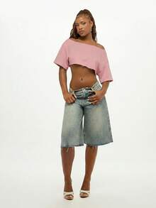 SUMWON WOMEN Rhinestone Logo Off Shoulder Cropped Sweatshirt Raw Hem Casual Pink Top Women Spring Fashion - Baby Pink - View 6
