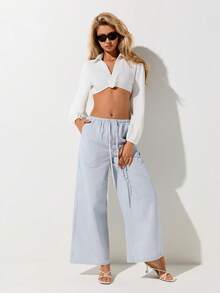 SHEIN ICON 夏季女士度假沙滩外出宽松蓝色条纹抽绳腰带口袋休闲百搭日常阔腿裤 - 彩色 - 查看 4