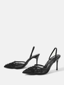 CUCCOO HITCHD 女士春夏优雅珍珠刺绣尖头细高跟浅网面9厘米高跟鞋，适合日常约会、派对和婚礼穿着。 - 黑色A - 查看 3