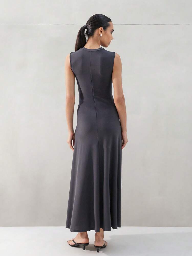 KSTM Sleeveless Black Maxi Dress With Ruched Side Detail And Mock Neck For Elegant Evening Occasions