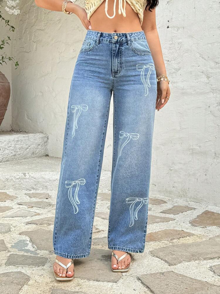 Rivivi Fashionable Bow Print Washed Straight Leg Jeans - Medium Wash - View 3