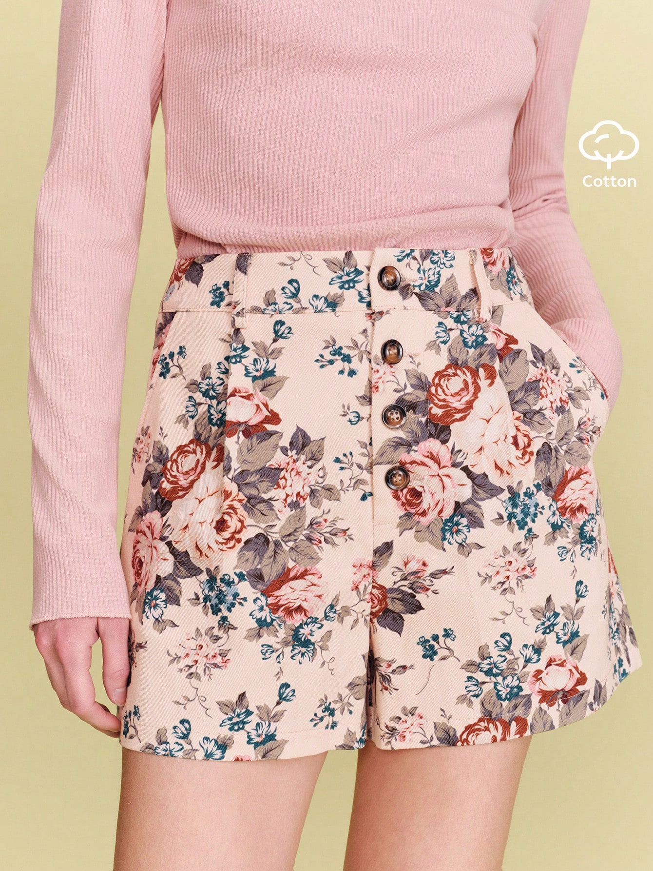 High-Waist Floral Shorts With Pleats And Button Closure Vintage Flower Shorts Pink Flower Cotton Shorts Spring Summer French Style Parisian Style