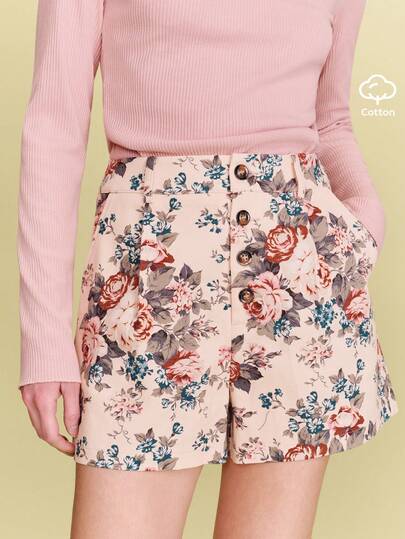 lacRébo High-Waist Floral Shorts With Pleats And Button Closure Vintage Flower Shorts Cotton Shorts Spring Summer French Style Parisian Style