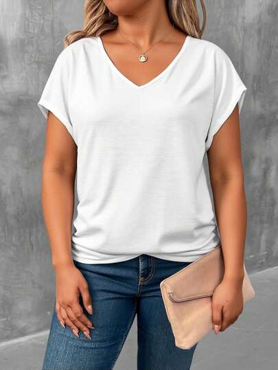 EMERY ROSE Plus Size Women's Summer Solid V-Neck Short Sleeve Casual T-Shirt White Tops Plus Size White Tops V Neck Tops White Tops For Women Plus
