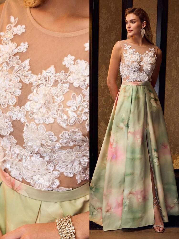 MOTF Soiréza WOMEN'S ELEGANT SLEEVELESS BACKLESS U-NECK FLOOR-LENGTH PARTY GOWN , FRONT CHEST FLORAL APPLIQUE , OVERSIZED GRADIENT FLORAL SKIRT & FORM-FITTING SILHOUETTE , IDEAL FOR WEDDINGS, GALAS & SPRING/SUMMER EVENINGS , STYLE WITH STRAPPY HEELS & DELICATE JEWELRY