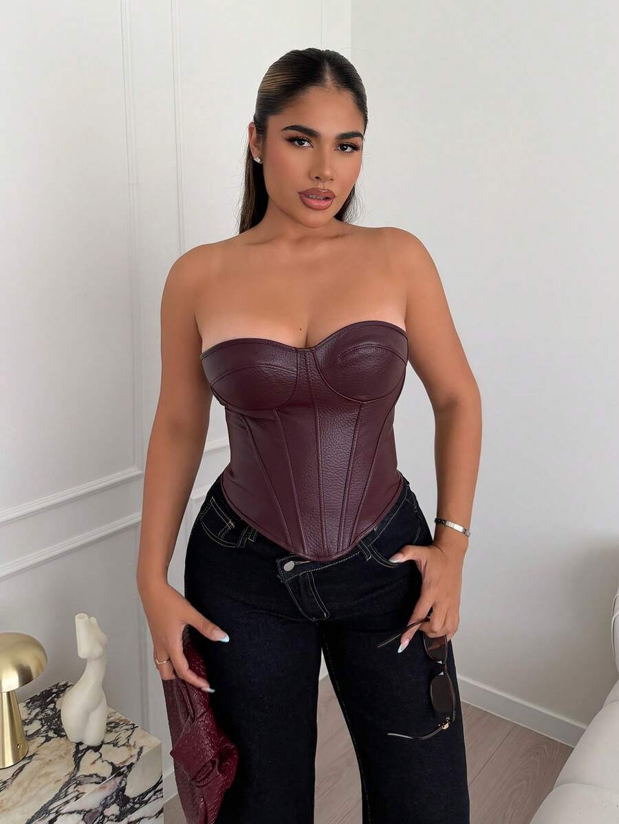 Maria Perezxox 女士时尚性感纯色后背交叉抹胸上衣 - 酒紅色 - 查看 1