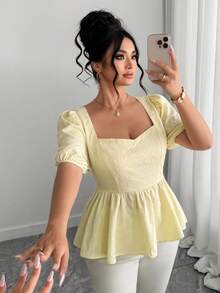 Elenzga Plus Size Women's Yellow Elegant Summer Blouse,French 3D Floral Square Collar Ruched Puff Sleeve Babydoll Top For Party,Vacation,Weddings - Light Yellow - View 3