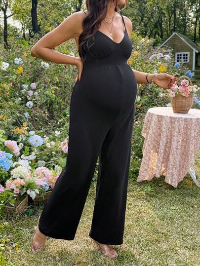 SHEIN 孕妇休闲纯色露背连体裤