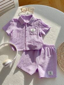 SHEIN 2 st babypojke sommar casual semester lila skjorta och shorts set - Multifärgad - Visa 3