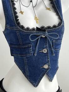 Elamini Women's Summer Casual Contrast Lace Front Button Denim Blouse - Dark Wash - View 5