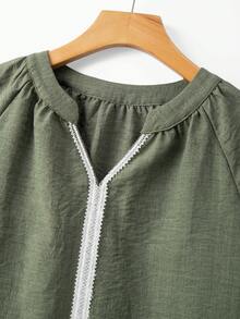Franclia Women's Army Green Summer Boho Casual Vacation Shirts,Lace-Trimmed V-Neck Short-Sleeved Tops,Loose Textured Blouse,Elegant Commuter Ladies Clothes - Green - View 4