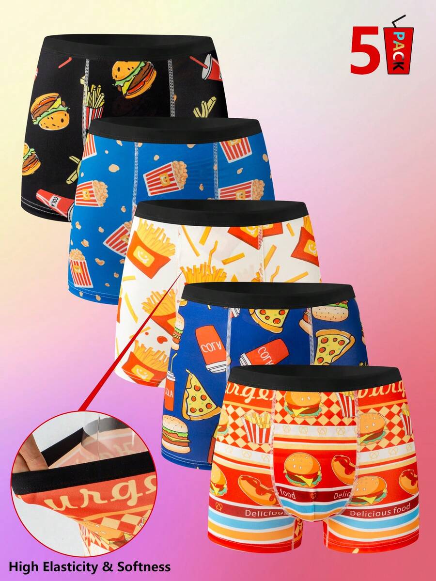 5pcs/Pack Teenage Boys' Hamburger & Fries Allover Print Boxer Briefs With Elastic Waistband,Casual Sports Underwear For College & High School Students - Multicolor - View 1