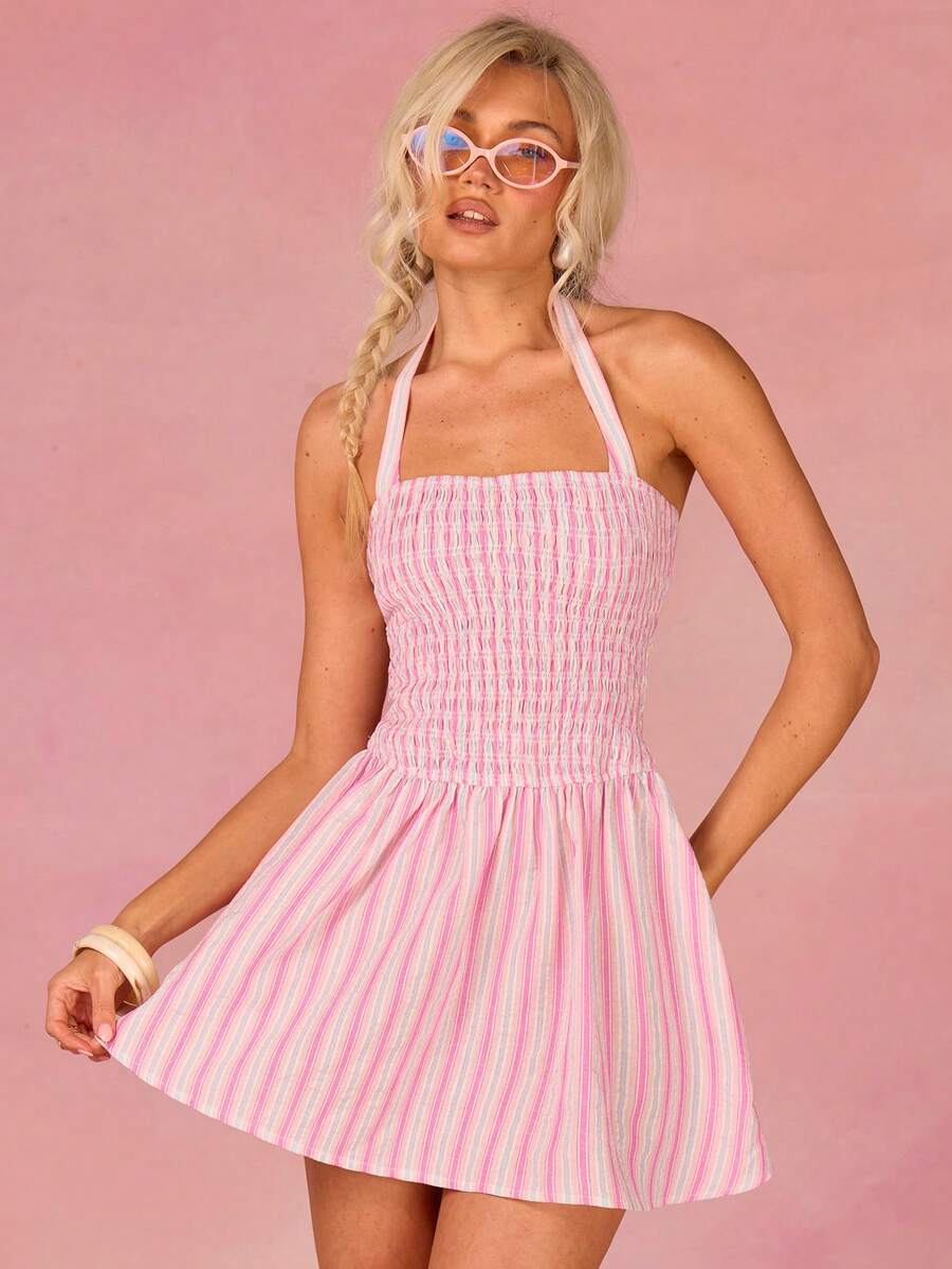 Athîral Women's Vacation Casual Striped Backless Halter Mini Dress - Pink - View 1