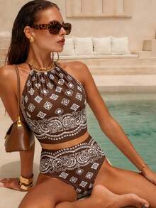 Swim Chiccia Women's Summer Beach Floral Print Halter Tie Tankini Swimwear Set - Multicolor - View 1