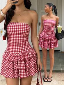 Muchica 女士夏季沙滩度假格纹印花褶皱腰部层叠荷叶边抹胸连衣裙 - 紅白色 - 查看 1