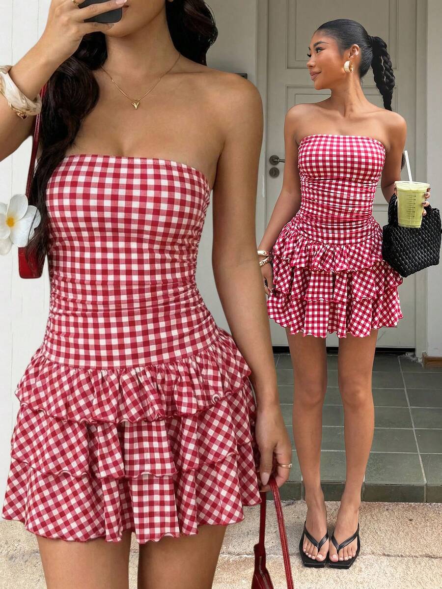 Muchica 女士夏季沙滩度假格纹印花褶皱腰部层叠荷叶边抹胸连衣裙 - 紅白色 - 查看 1