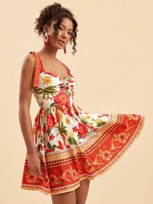 Travachic Tropical Print Twist Strap Vacation Dress,Beach Vacation Outfits, Summer Outfits For Women, Summer Dresses For Women,Suitable For Holiday , Afternoon Tea,Boho Vacation, Music Festival , Beachwear, Easter, Beach Outfits For Woman, Elegant Dress For Women, Vacation Outfits Women, Concert Outfit Women, Tropical Vacation Woman Clothes, Holiday Outfits, Bohemian Clothes,For Spring Sunmmer And Autumn,Tropical Vacation, Bohemian Outfits, Ibiza Outfits, Western Style - Red - View 1