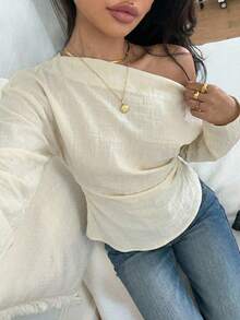 Siren Gaze 100%纯棉米白色不对称肩部女式上衣 - 优雅褶裥腰身简约风格衬衫，适合秋、春、夏度假、海滩穿着，完美适用于约会、派对、办公、婚礼宾客及旅行等场合。 - 彩色 - 查看 6